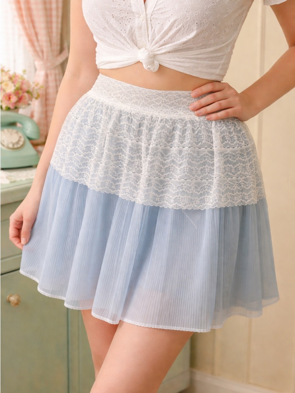 Vintage Sheer Blue with Lace-Trim Pleated Half Apron